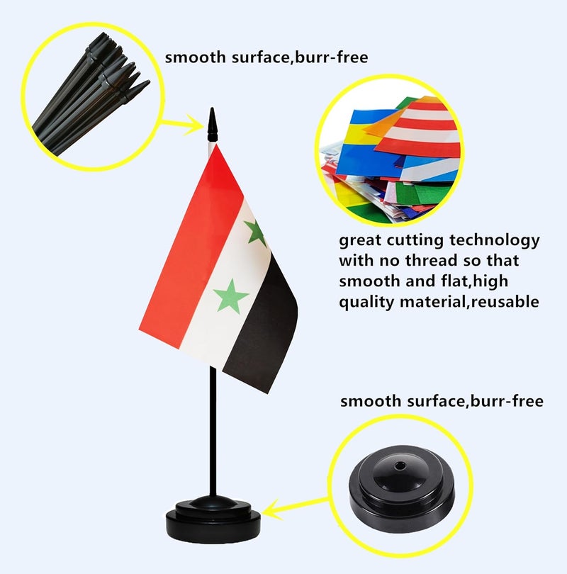 tibijoy Syria Syrian Small Mini Desk Flag Set Miniature Syria Syrian Table Office Flag with 13" Black Pole, Black Base, Miniature Syria Deluxe Desktop Flag(2 Pack) - Image 2
